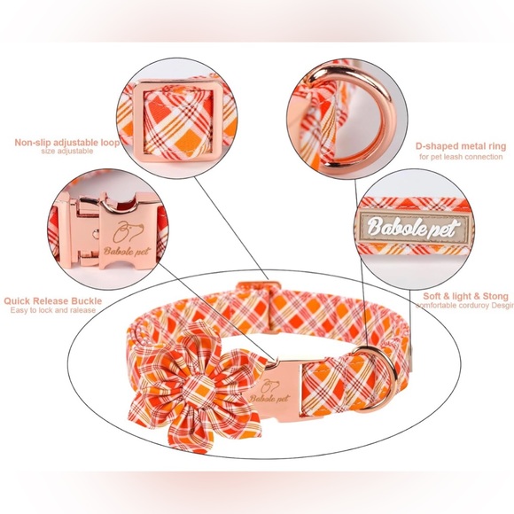 Babole Pet Fall Girl Dog Collar Flower Tie, Orange Striped Plaid Floral Collar - Picture 3 of 9